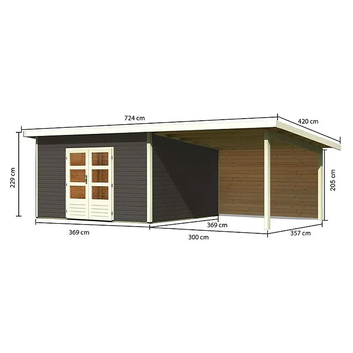 Karibu Gartenhaus Northeim 5 - Außenmaß inkl. Dachüberstand (B x T): 724 x 393 cm, Holz, Terragrau, Mit Seitendach und Rückwand - Abbildung eines Gartenhauses mit Vordach und Größenangaben in Zentimetern.