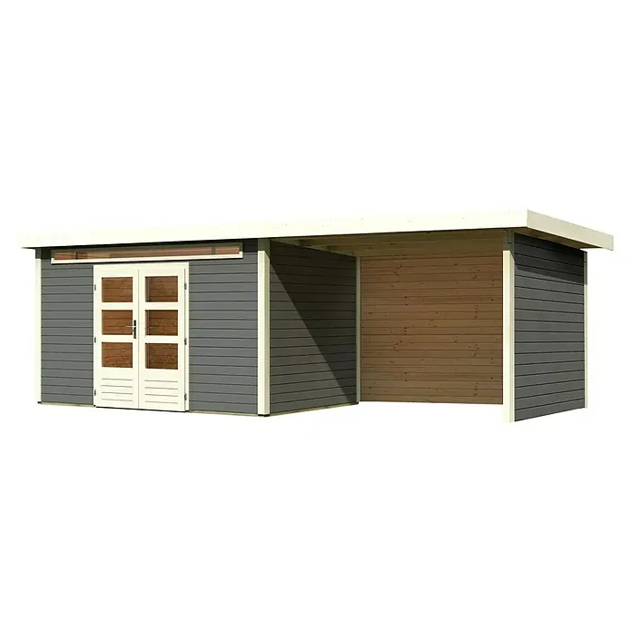 Karibu Gartenhaus Kandern 7 - Außenmaß inkl. Dachüberstand (B x T): 702 x 273 cm, Holz, Terragrau, Mit Seitendach, Rück- und Seitenwand - Eine moderne Gartenlaube mit Doppeltür und seitlichem Unterstand, ideal für stilvolle Outdoor-Entspannung und Lagerung.