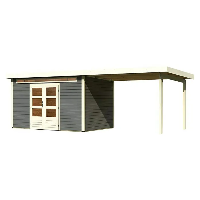 Karibu Gartenhaus Kandern 7 - Außenmaß inkl. Dachüberstand (B x T): 702 x 273 cm, Holz, Terragrau, Mit Seitendach - Das Gartenhaus mit Unterstand bietet vielseitige Nutzungsmöglichkeiten und schützt Ihre Gartengeräte vor Witterungseinflüssen.
