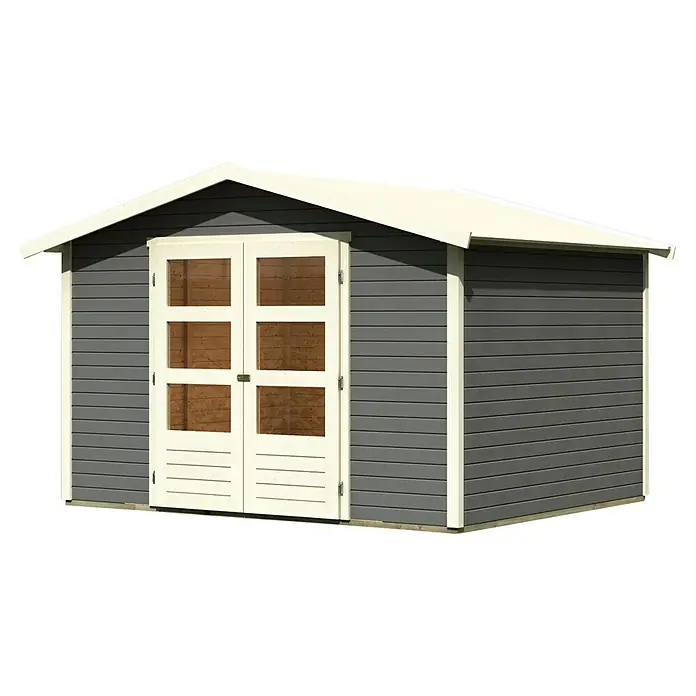 Karibu Gartenhaus Amberg 5 - Außenmaß inkl. Dachüberstand (B x T): 337 x 266 cm, Holz, Terragrau - Das Bild zeigt ein graues Gartenhaus mit weißen Akzenten, das einen praktischen und stilvollen Stauraum für den Garten bietet.
