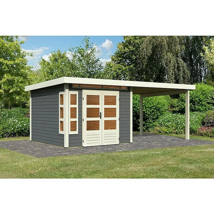 Karibu Gartenhaus Kastorf 6 - Außenmaß inkl. Dachüberstand (B x T): 612 x 303 cm, Holz, Terragrau, Mit Seitendach - Ein modernes Gartenhaus mit integriertem Carport bietet praktischen Stauraum und Schutz für Ihr Fahrzeug. Das graue Holzdesign fügt sich nahtlos in jeden Garten ein.