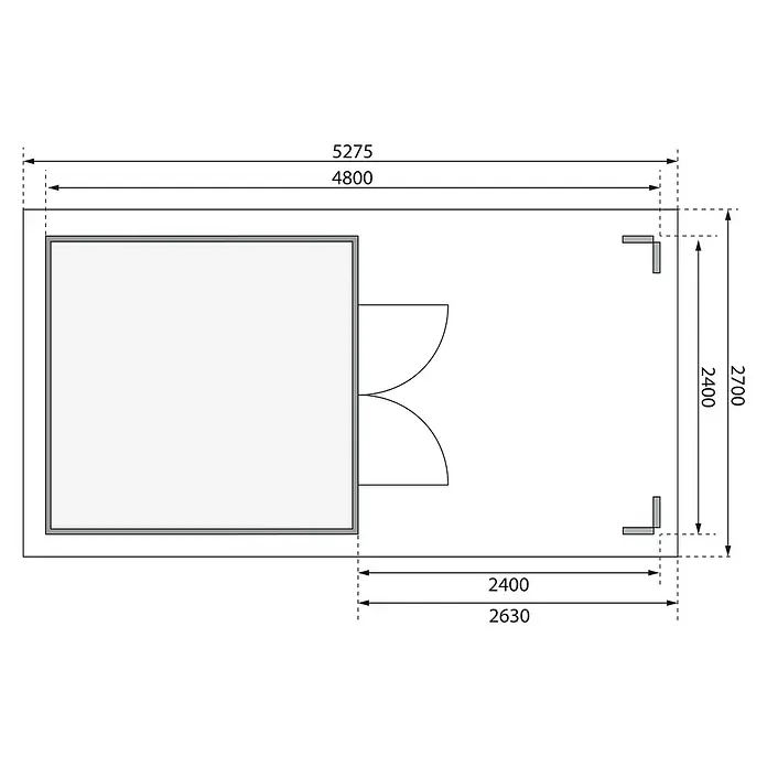 Karibu Gartenhaus Theres - Außenmaß inkl. Dachüberstand (B x T): 528 x 288 cm, Holz, Natur - Grundriss eines Gartenhauses mit Maßangaben zu Länge und Breite, inklusive der Position von Türen und Eckverstrebungen.