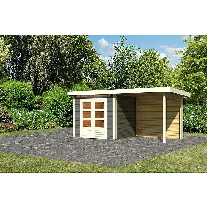 Karibu Gartenhaus Kandern 2 - Außenmaß inkl. Dachüberstand (B x T): 492 x 232 cm, Holz, Terragrau - Das moderne Gartenhaus bietet zusätzlichen Stauraum und einen überdachten Bereich für entspannte Stunden im Freien.
