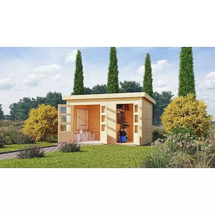 Karibu Gartenhaus Schönbuch 1 - Außenmaß inkl. Dachüberstand (B x T): 398 x 273 cm, Holz, Natur - Helles Gartenhaus aus Holz mit Büro- und Werkzeuglagerbereichen, in einem Garten.