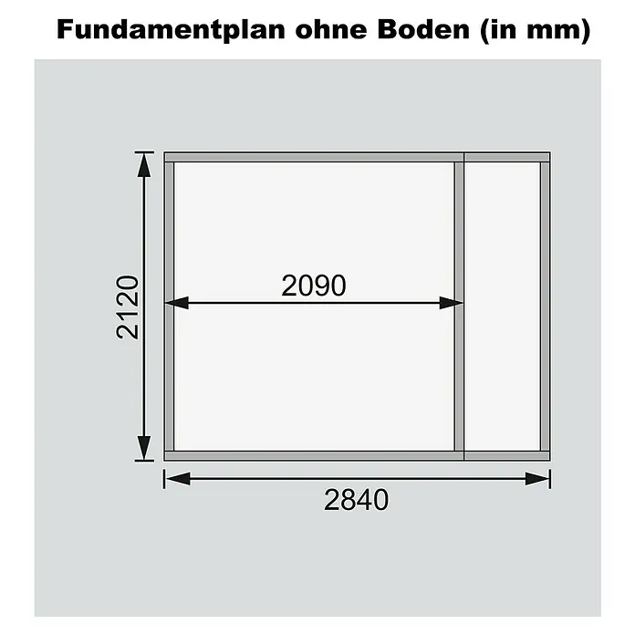 Karibu Gartenhaus Retola 2 - Außenmaß inkl. Dachüberstand (B x T): 317 x 238 cm, Holz, Natur - Grundriss ohne Boden mit Maßen: 2120 mm Höhe, 2840 mm Breite und 2090 mm Tiefe. Detaillierte Ansicht für Planung.