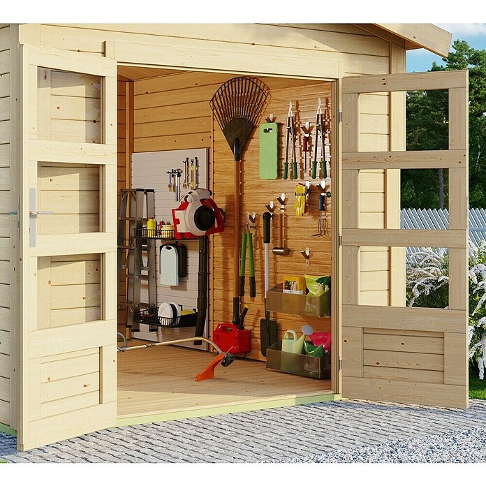 Karibu Gartenhaus Theres (Außenmaß inkl. Dachüberstand (B x T): 767 x 288 cm, Holz, Natur) | BAUHAUS