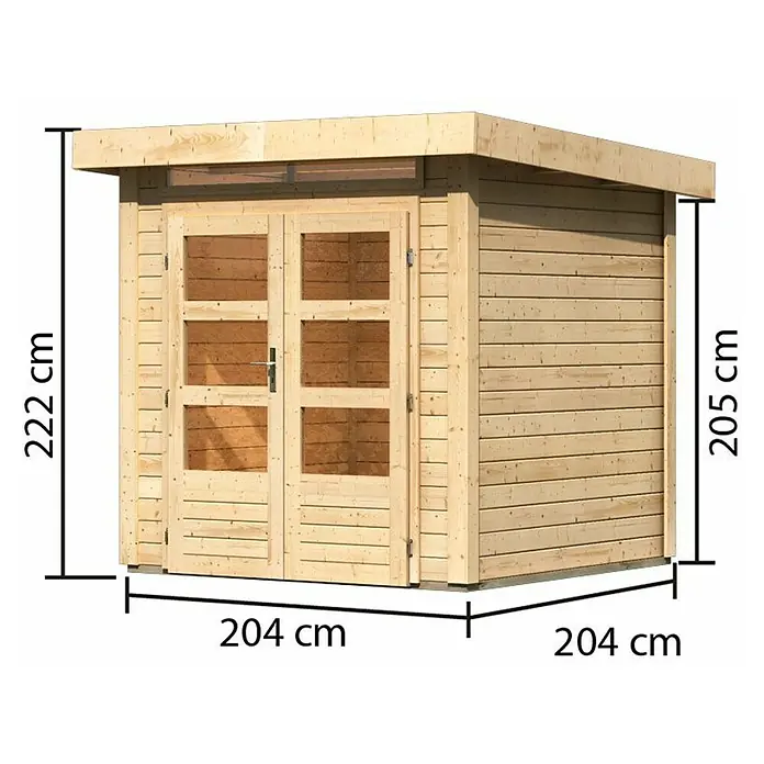 Karibu Gartenhaus Kandern 1 - Außenmaß inkl. Dachüberstand (B x T): 236 x 232 cm, Holz, Natur - Holzgartenhaus mit den Maßen 204x204x222 cm. Das Gartenhaus ist aus Holz gefertigt und hat eine Doppeltür mit Fenstern.