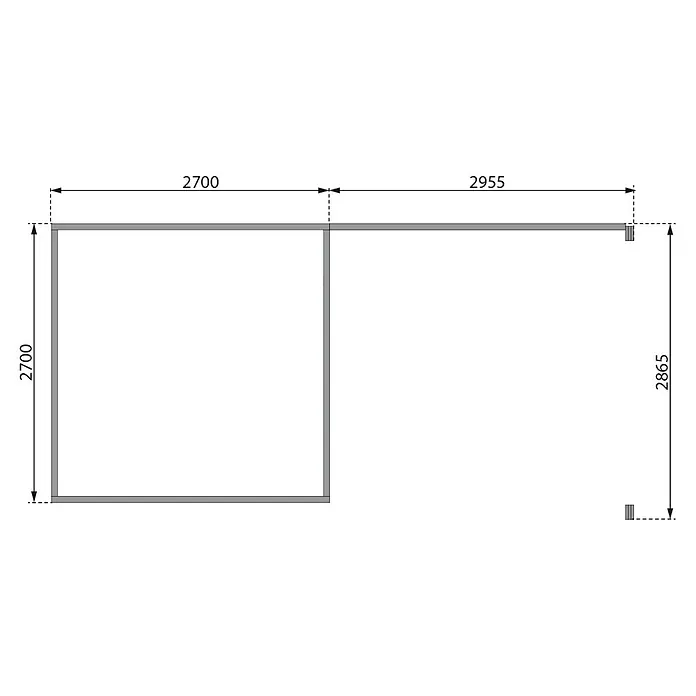 Karibu Gartenhaus Kastorf 6 - Außenmaß inkl. Dachüberstand (B x T): 612 x 303 cm, Holz, Terragrau, Mit Seitendach und Rückwand - Grundriss eines L-förmigen Gebäudes mit Abmessungen. Optimal für Architekten und Bauherren zur Planung.