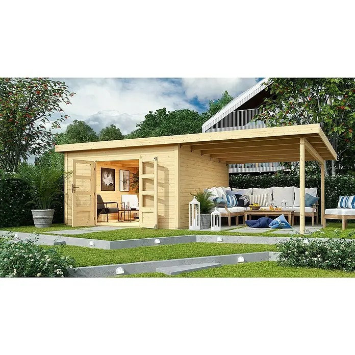 Karibu Gartenhaus Northeim 5 - Außenmaß inkl. Dachüberstand (B x T): 724 x 393 cm, Holz, Natur, Mit Seitendach - Einladender Garten mit einem Holzgartenhaus, das nahtlos in eine überdachte Terrasse mit stilvollen Gartenmöbeln übergeht.