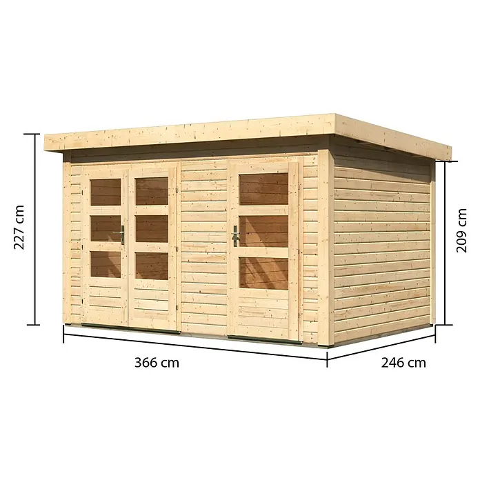 Karibu Gartenhaus Schönbuch 1 - Außenmaß inkl. Dachüberstand (B x T): 398 x 273 cm, Holz, Natur - Bild eines Gartenhauses aus Holz mit einer Höhe von 227 cm, einer Breite von 366 cm und einer Tiefe von 246 cm.