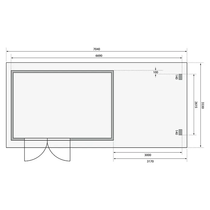 Karibu Gartenhaus Bastrup 8 - Außenmaß inkl. Dachüberstand (B x T): 704 x 333 cm, Holz, Natur, Mit Seitendach und Rückwand - Grundrisszeichnung mit detaillierten Maßangaben des Gebäudes, inklusive Wandstärken und Türposition.
