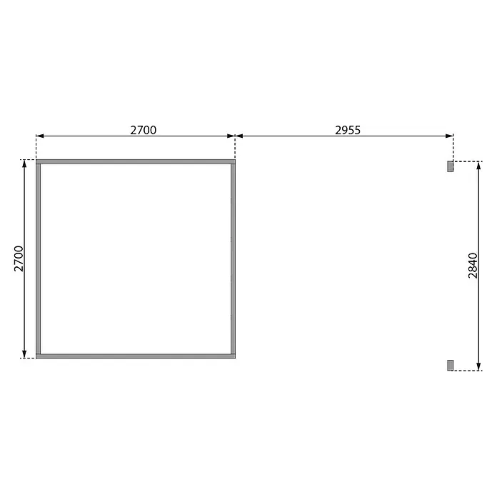 Karibu Gartenhaus Kastorf 6 - Außenmaß inkl. Dachüberstand (B x T): 612 x 303 cm, Holz, Natur, Mit Seitendach - Draufsicht auf ein Bauprojekt mit Maßen, das ein rechteckiges Gehäuse und separate Komponenten zeigt.