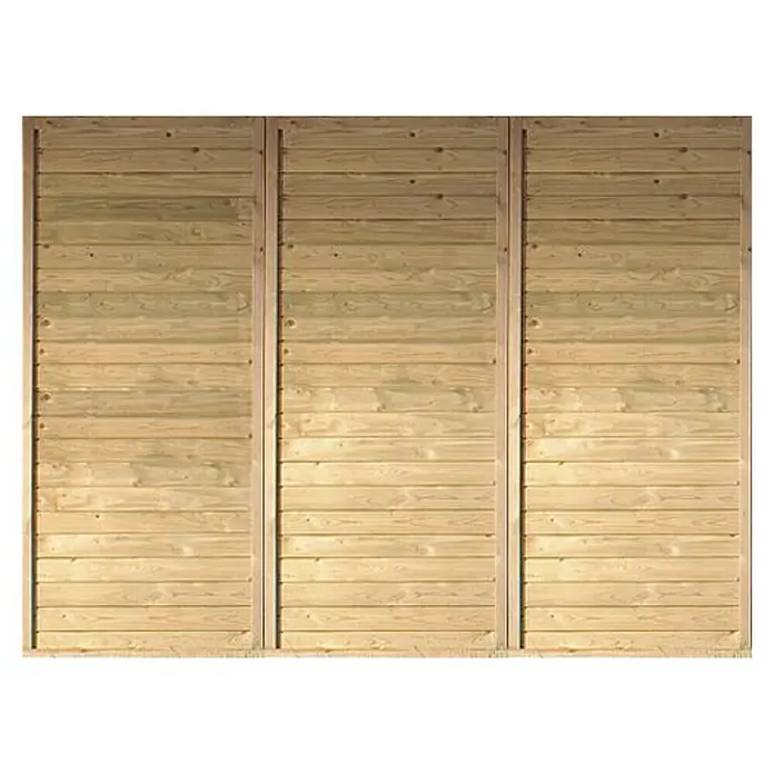 Karibu Rückwand - Passend für: Karibu Einzelcarport, Natur - Nahaufnahme eines Holzpaneelzauns mit horizontalen Brettern und vertikalen Stützen, der natürliche Wärme und rustikale Ästhetik bietet.