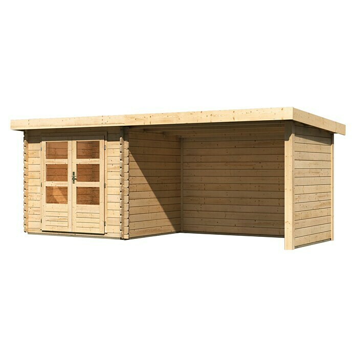 Seitendach, | BAUHAUS 2 T): 238 x Gartenhaus x Holz, Askola Natur, 504,5 cm, inkl. (B Dachüberstand (Außenmaß Karibu & Seitenwand) Rück- Mit