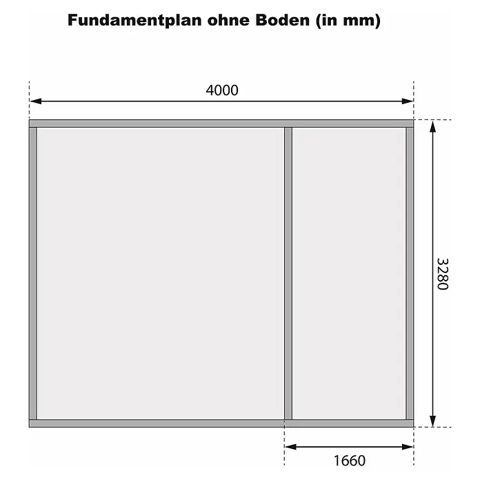 Karibu Gartenhaus Mühlentrup 3 - Außenmaß inkl. Dachüberstand (B x T): 428 x 351,5 cm, Holz, Natur - Grundriss ohne Boden mit Maßangaben (4000 mm x 3280 mm, 1660 mm).
