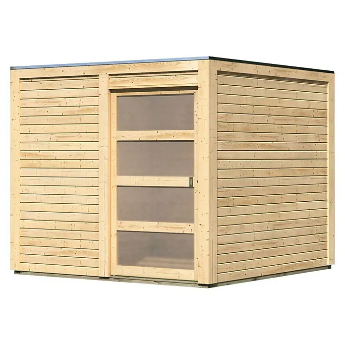 Karibu Gartenhaus Qubic 1 - Außenmaß inkl. Dachüberstand (B x T): 246 x 246 cm, Holz, Natur - Helles, modernes Holzgartenhaus mit einer Tür mit quadratischen Fenstern für einen einzigartigen Look im Garten.