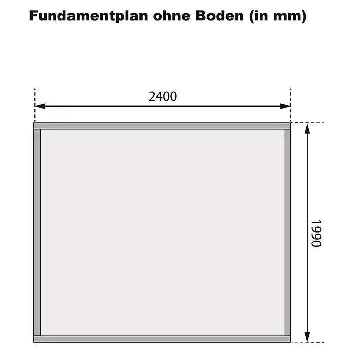 Karibu Gartenhaus Kandern 2 - Außenmaß inkl. Dachüberstand (B x T): 276 x 232 cm, Holz, Terragrau - Fundamentplan ohne Boden (in mm) mit Abmessungen 2400 x 1990 mm. Darstellung der Grundfläche ohne Boden.