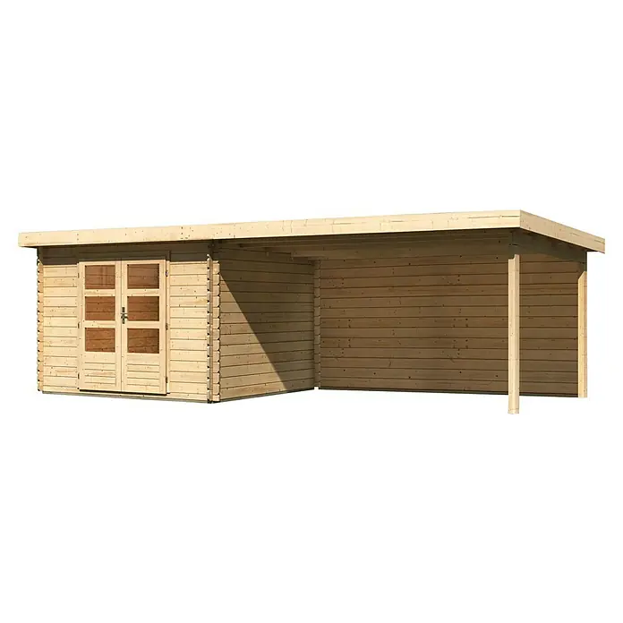 Karibu Gartenhaus Bastrup 5 - Außenmaß inkl. Dachüberstand (B x T): 714 x 333 cm, Holz, Natur, Mit Seitendach und Rückwand - Außenansicht eines Holzgartenhauses mit Doppeltür und überdachtem Anbau. Das Häuschen ist aus hellem Holz gefertigt und hat eine moderne Optik.