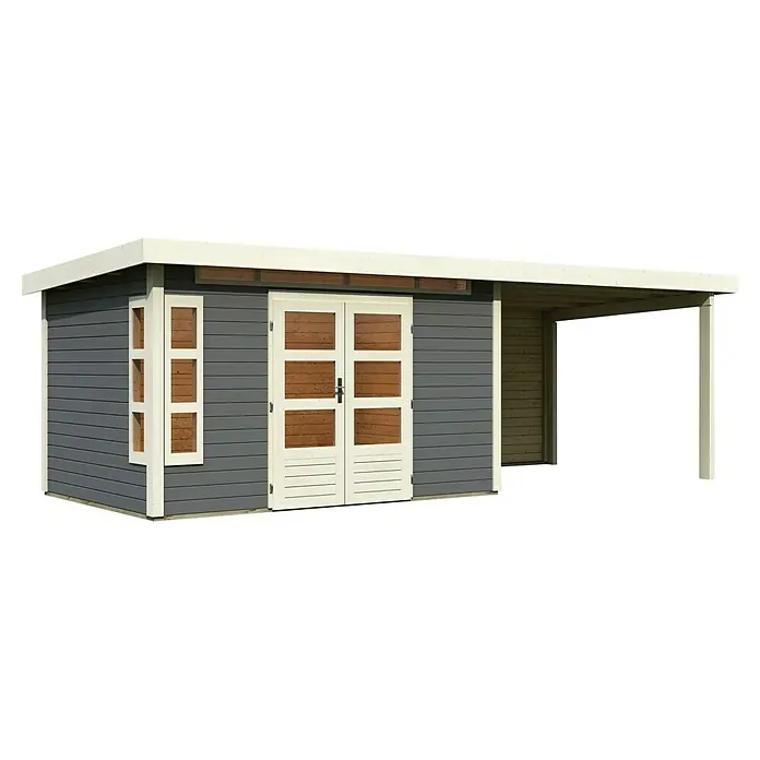Karibu Gartenhaus Kastorf 7 - Außenmaß inkl. Dachüberstand (B x T): 702 x 273 cm, Holz, Terragrau, Mit Seitendach und Rückwand - Grauer Holzschuppen mit Doppeltür und Fenstern, gedeckt von einem hellen Vordach, bietet Schutz und Stauraum im Garten.