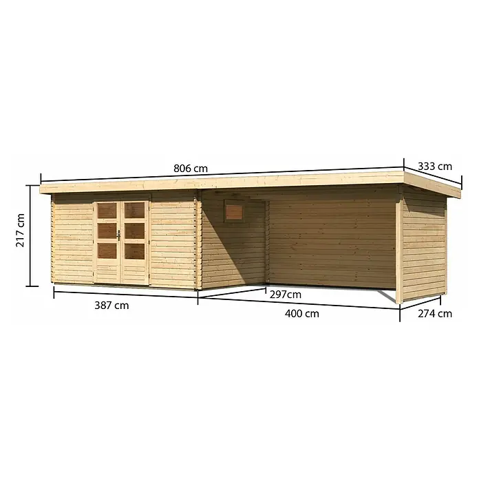 Karibu Gartenhaus - Außenmaß inkl. Dachüberstand (B x T): 806 x 333 cm, Holz, Natur, Mit Seitendach, Rück- & Seitenwand - Abbildung eines Holz-Gartenhauses mit Maßangaben, die seine Größe und Abmessungen verdeutlichen. Ideal für Gärten und Außenbereiche.