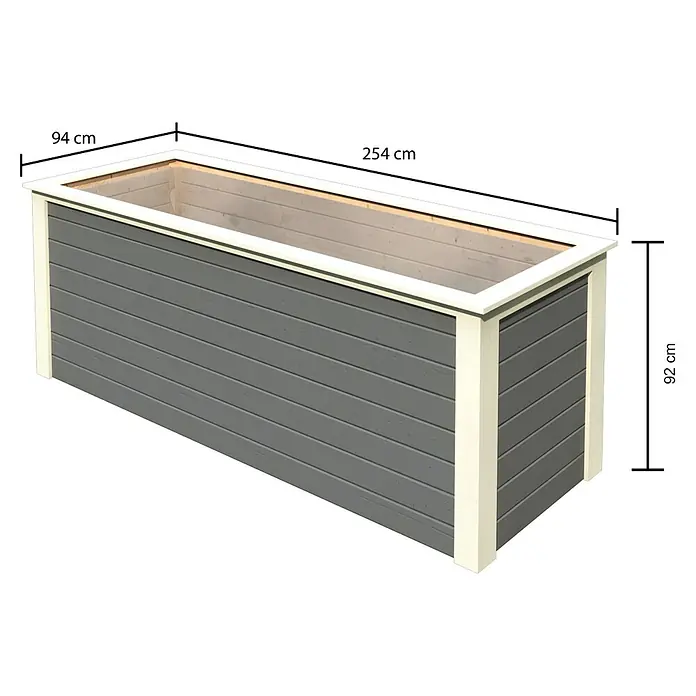 Karibu Hochbeet 28 mm 2 - 88 x 244 x 92 cm, Holz, Terragrau - Abbildung eines grauen Pflanzkastens mit weißen Akzenten und Maßangaben.