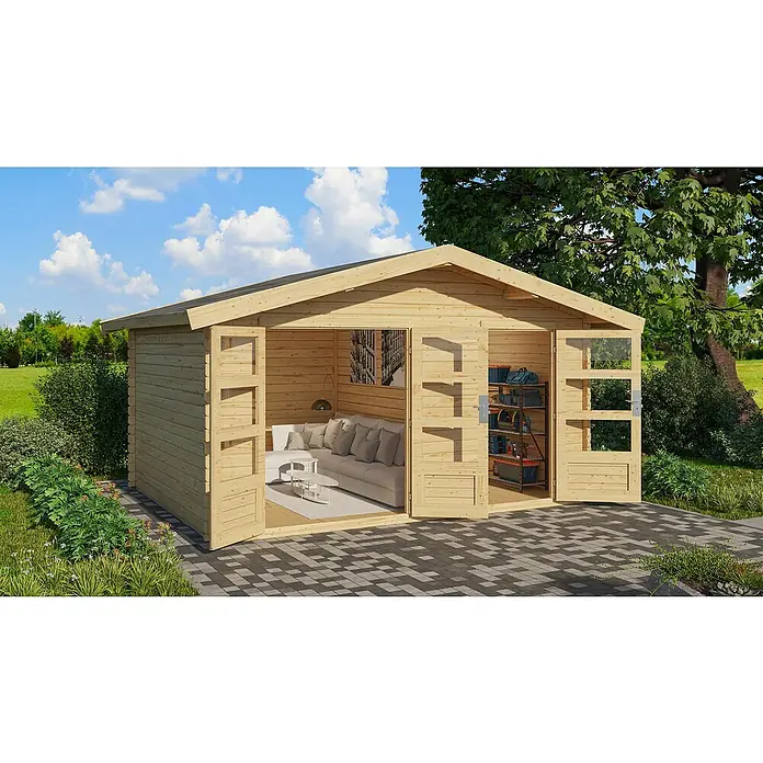 Karibu Gartenhaus Lagor - Außenmaß inkl. Dachüberstand (B x T): 468 x 390 cm, Holz, Natur - Hölzernes Gartenhaus mit geöffneten Doppeltüren, teilweise als Wohnraum und teilweise als Lagerraum genutzt.