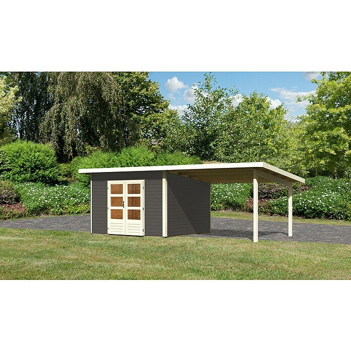 Karibu Gartenhaus Northeim 3 (Außenmaß inkl. Dachüberstand (B x T): 664 x 331,5 cm, Holz, Terragrau, Mit Seitendach) | BAUHAUS