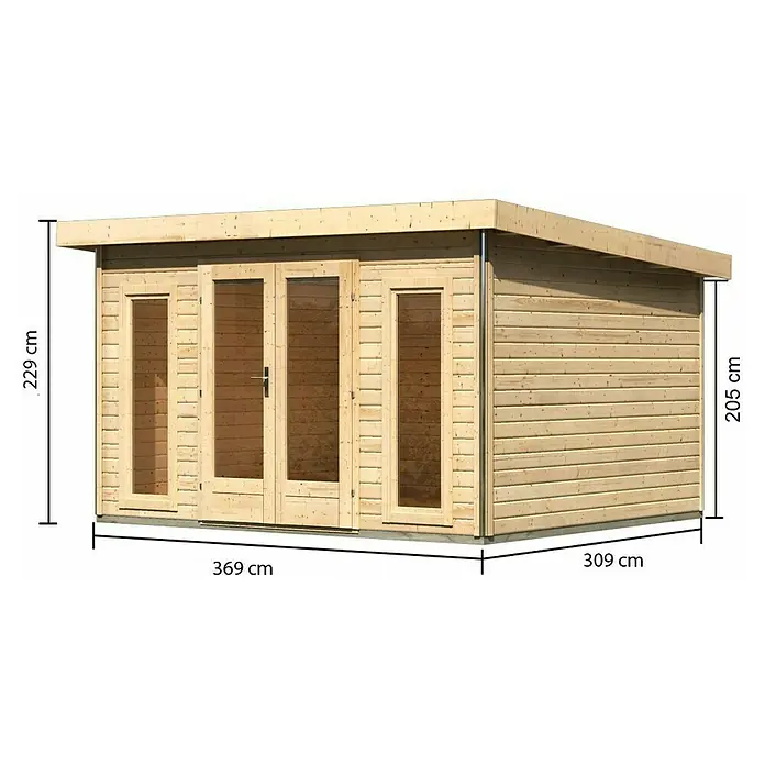 Karibu Gartenhaus Radeburg 2 - Außenmaß inkl. Dachüberstand (B x T): 406 x 331,5 cm, Holz, Natur - Abbildung eines Holzgartenhauses mit Maßangaben, das Design und die Dimensionen des Produkts hervorhebt.
