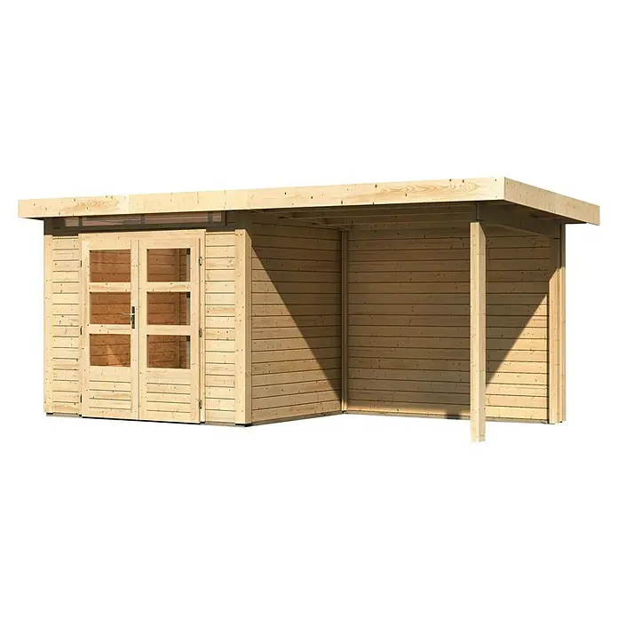 Karibu Gartenhaus Kandern 2 - Außenmaß inkl. Dachüberstand (B x T): 492 x 232 cm, Holz, Natur - Dieses Bild zeigt ein modernes, unbehandeltes Gartenhaus mit Doppeltür und einer offenen Veranda, ideal für den Garten.
