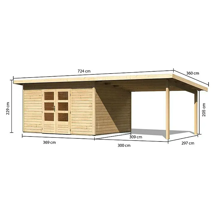Karibu Gartenhaus Northeim 4 - Außenmaß inkl. Dachüberstand (B x T): 724 x 331,5 cm, Holz, Natur, Mit Seitendach - Abbildung eines Holzgartenhauses mit einer Gesamtbreite von 724 cm und einer Höhe von 229 cm, inklusive überdachtem Bereich.