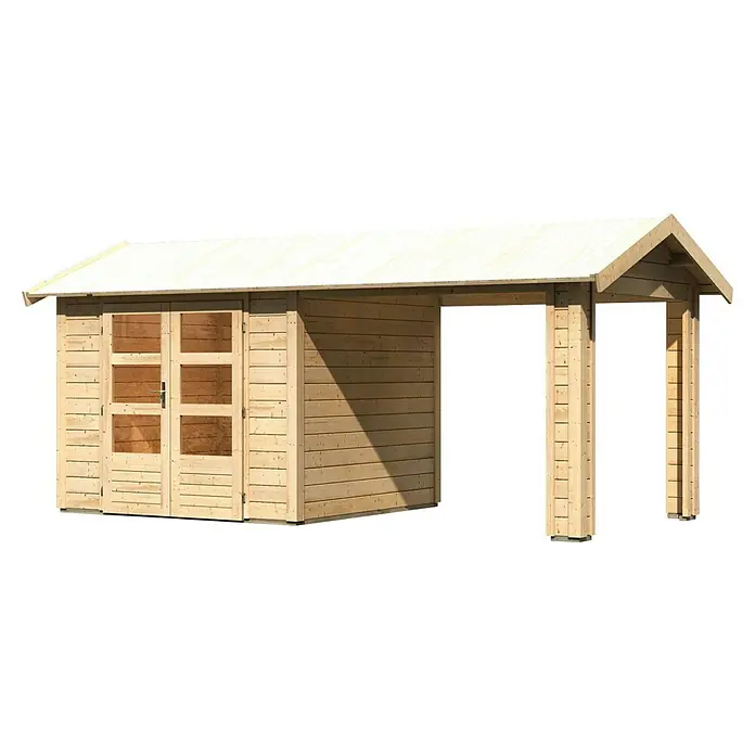 Karibu Gartenhaus Theres - Außenmaß inkl. Dachüberstand (B x T): 528 x 288 cm, Holz, Natur - Dieses Bild zeigt ein modernes Gartenhaus aus Holz mit einem Carport Anbau, ideal als Stauraum oder zur Entspannung im Freien.