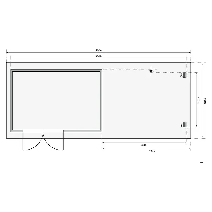 Karibu Gartenhaus Bastrup 8 - Außenmaß inkl. Dachüberstand (B x T): 804 x 333 cm, Holz, Natur, Mit Seitendach - Grundrisszeichnung eines Gebäudes mit Maßangaben, die architektonische Details und Abmessungen des Designs hervorheben.
