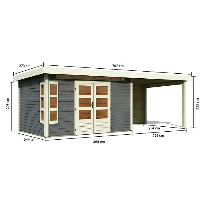 Karibu Gartenhaus Kastorf 7 - Außenmaß inkl. Dachüberstand (B x T): 702 x 273 cm, Holz, Terragrau, Mit Seitendach und Rückwand - Abbildung eines Gartenhauses mit Anbau und Größenangaben. Das Haus ist grau und hat eine weiße Umrandung an Fenstern und Türen.