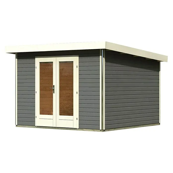 Karibu Gartenhaus Radeburg 1 - Außenmaß inkl. Dachüberstand (B x T): 346 x 331,5 cm, Holz, Terragrau - Ein modernes Gartenhaus mit Doppeltür und grau gestrichener Holzverkleidung bietet viel Stauraum und eine stilvolle Optik für jeden Garten.