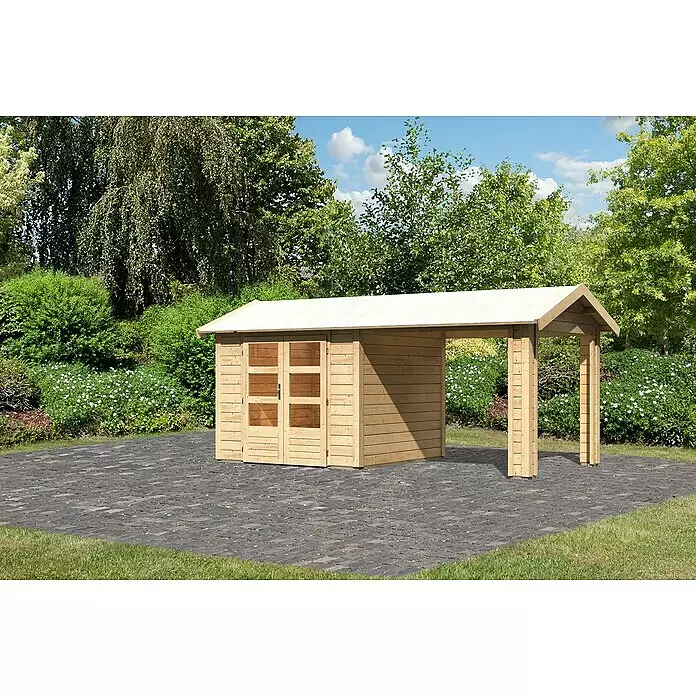 Karibu Gartenhaus Theres - Außenmaß inkl. Dachüberstand (B x T): 528 x 288 cm, Holz, Natur - Gartenhaus aus Naturholz mit integriertem Carport auf gepflastertem Bereich.