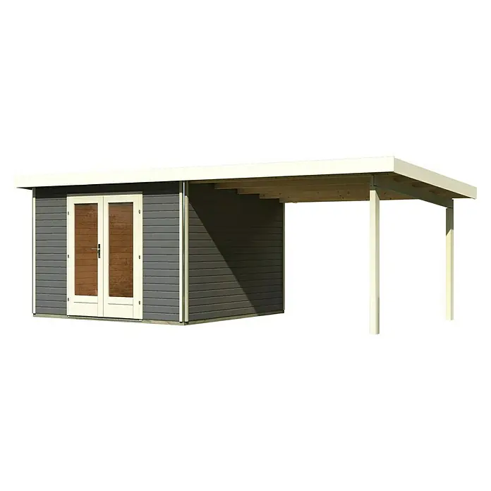 Karibu Gartenhaus Radeburg 1 - Außenmaß inkl. Dachüberstand (B x T): 664 x 331,5 cm, Holz, Terragrau, Mit Seitendach - Ein grauer Holzschuppen mit weißen Türen und einem Carport Anbau. Der Schuppen hat ein flaches Dach mit einem Überstand.