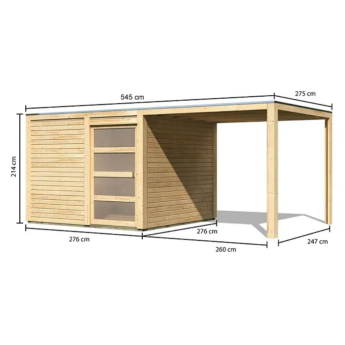 Karibu Gartenhaus Qubic 2 - Außenmaß inkl. Dachüberstand (B x T): 542,5 x 276 cm, Holz, Natur, Mit Seitendach - Abbildung eines Holzgartenhauses mit den Maßen 545 cm Länge, 275 cm Breite und 214 cm Höhe.