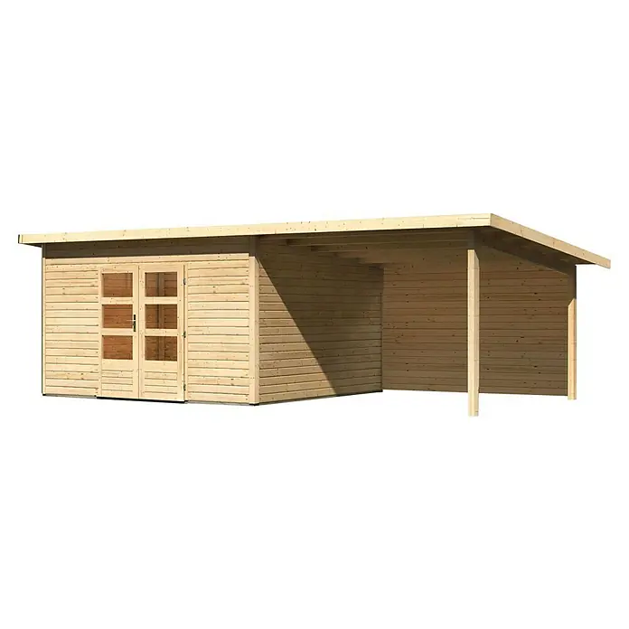 Karibu Gartenhaus Northeim 5 - Außenmaß inkl. Dachüberstand (B x T): 724 x 393 cm, Holz, Natur, Mit Seitendach und Rückwand - Abgebildet ist ein Holzgartenhaus mit Doppeltür und überdachtem Bereich. Das Haus besticht durch sein natürliches Design.