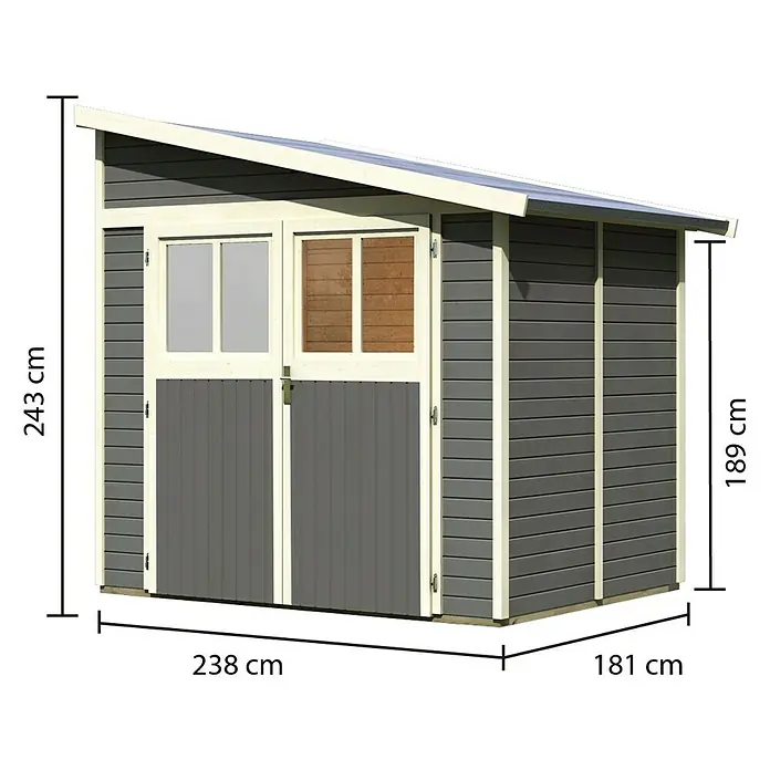 Karibu Gartenhaus Bomlitz 2 - Außenmaß inkl. Dachüberstand (B x T): 255 x 232 cm, Holz, Terragrau - Abbildung eines grau-beigen Gartenhauses mit den Maßen 243 cm Höhe, 238 cm Breite und 181 cm Tiefe.