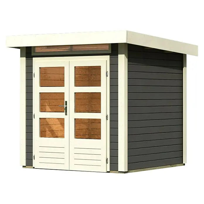 Karibu Gartenhaus Kandern 1 - Außenmaß inkl. Dachüberstand (B x T): 236 x 232 cm, Holz, Terragrau - Gartenhaus mit Doppeltür und Fenstern im oberen Bereich. Das Haus ist in Grau und Weiß gehalten.