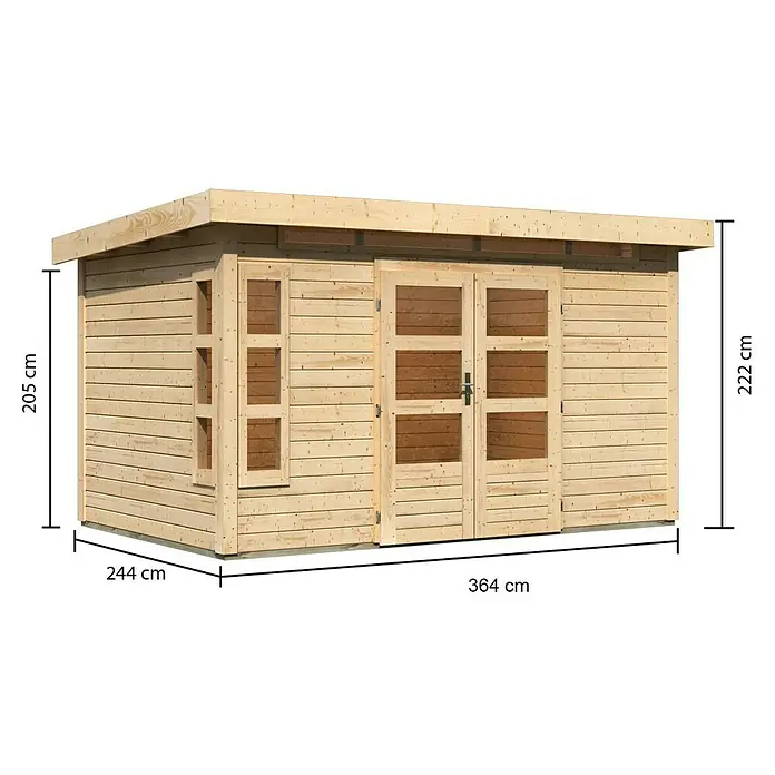 Karibu Gartenhaus Kastorf 7 - Außenmaß inkl. Dachüberstand (B x T): 396 x 273 cm, Holz, Natur - Darstellung eines Gartenhauses aus Holz mit Maßangaben, das die Höhe, Breite und Tiefe des Hauses zeigt.
