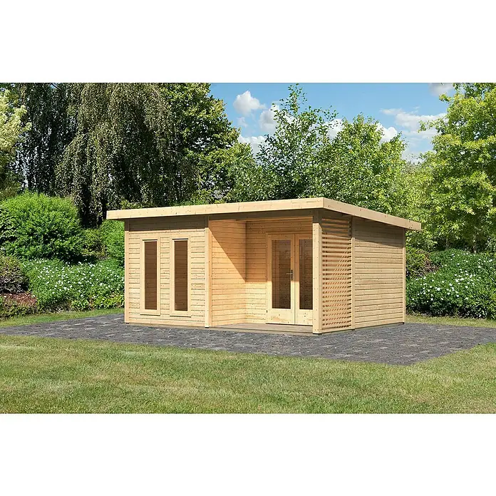 Karibu Gartenhaus Radeburg 5Außenmaß inkl. Dachüberstand (B x T): 560 x 422 cm, Holz, Natur - Ein modernes Holzgartenhaus mit Flachdach und großen Fenstern, ideal für Entspannung im Grünen.\n