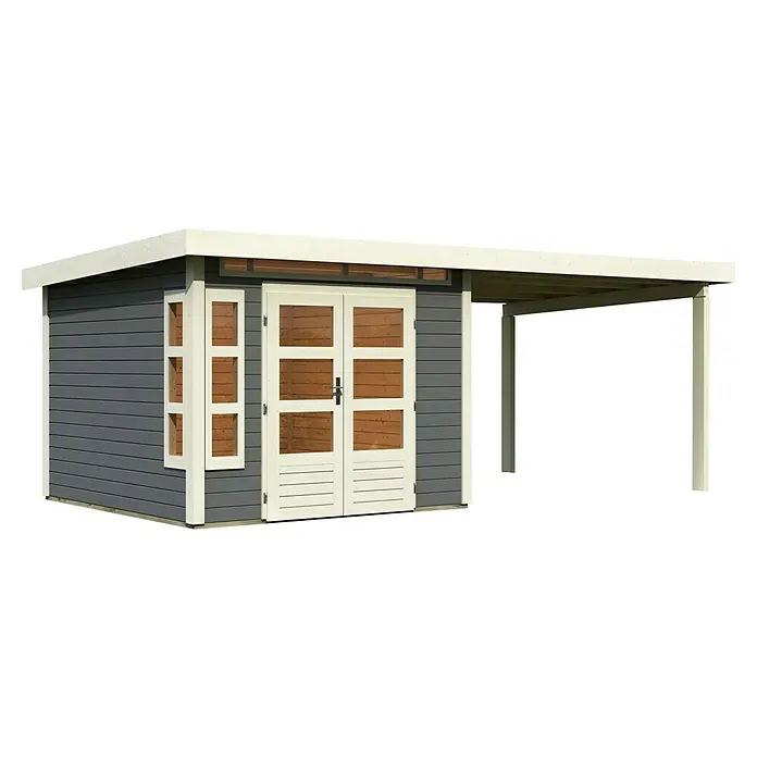 Karibu Gartenhaus Kastorf 6 - Außenmaß inkl. Dachüberstand (B x T): 612 x 303 cm, Holz, Terragrau, Mit Seitendach - Ein modernes Gartenhaus mit Carport in Grau und Weiß. Das Häuschen bietet Stauraum und der Carport Schutz für Gartengeräte oder Fahrräder.
