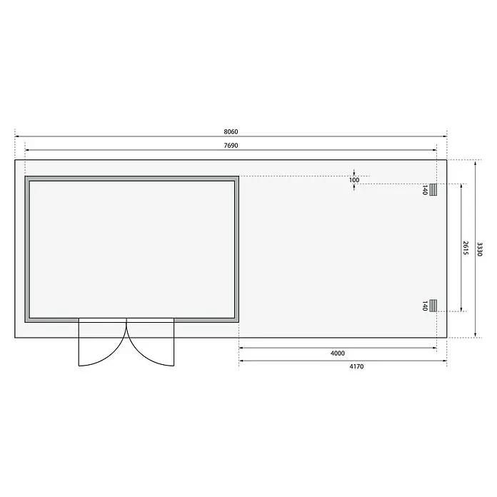 Karibu Gartenhaus - Außenmaß inkl. Dachüberstand (B x T): 806 x 333 cm, Holz, Natur, Mit Seitendach - Grundrisszeichnung eines Hauses mit Bemaßungen, die die Raumaufteilung und Größenverhältnisse des Gebäudes zeigen.
