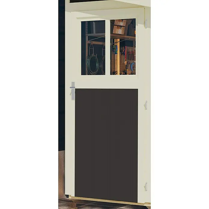 Karibu Gartenhaus GörlitzAußenmaß inkl. Dachüberstand (B x T): 117 x 217 cm, Holz, Terragrau - Eine Werkstatttür in Creme und Schwarz mit zwei Fenstern, die Werkzeuge und einen Regal im Inneren zeigen.