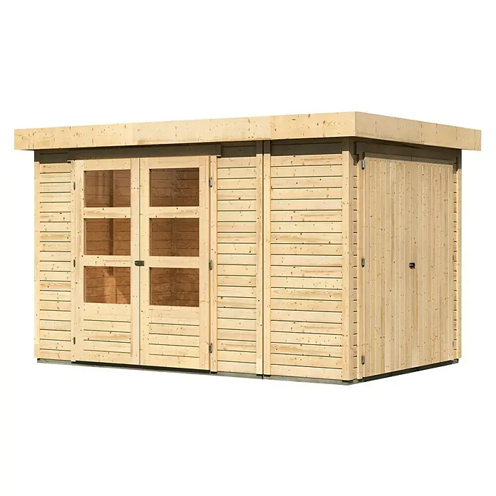 Karibu Gartenhaus Retola 3 - Außenmaß inkl. Dachüberstand (B x T): 342 x 238 cm, Holz, Natur - Das Bild zeigt ein helles Holzgartenhaus mit Doppeltüren und Fenstern, ideal für die Lagerung und als Blickfang im Garten.