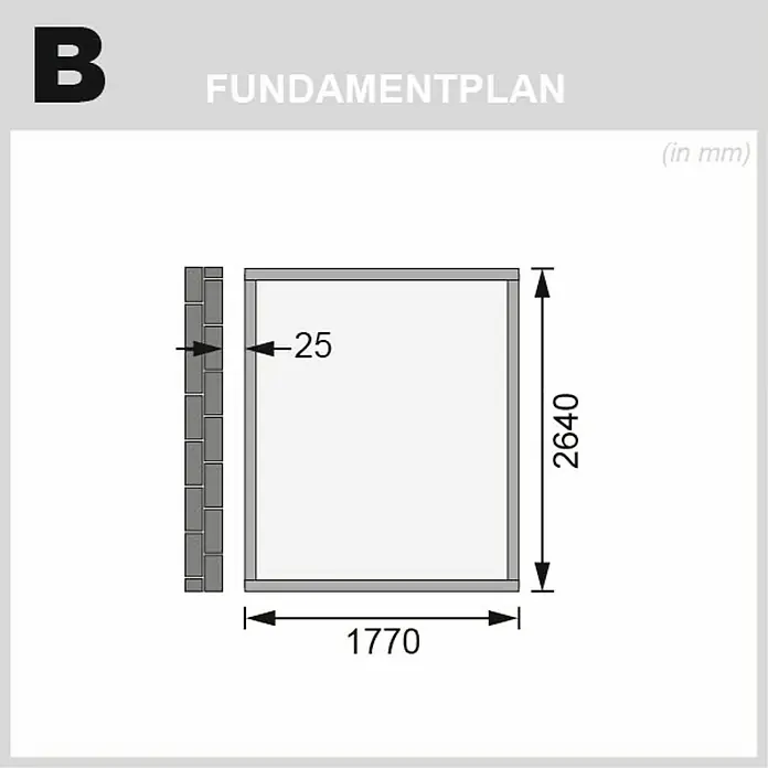 Karibu Gartenhaus Wandlitz 3 - Außenmaß inkl. Dachüberstand (B x T): 200 x 320 cm, Holz, Natur - Fundamentplan mit Maßen, inklusive Wandstärke und Gesamtmaße. Die Maße sind 1770 x 2640 mm, Wandstärke 25 mm.