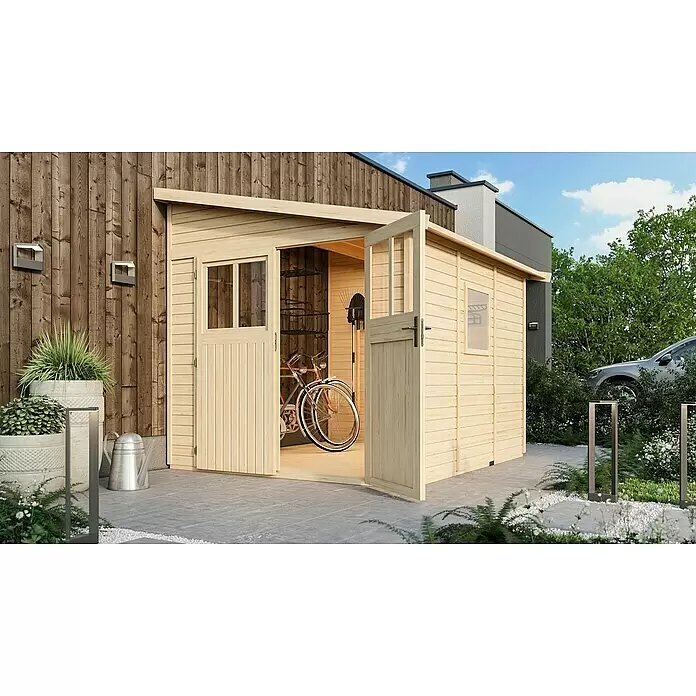 Karibu Gartenhaus Bomlitz 3 - Außenmaß inkl. Dachüberstand (B x T): 255 x 301 cm, Holz, Natur - Heller Holzgartenschuppen mit offenen Türen, der ein Fahrrad und Gartengeräte zeigt.