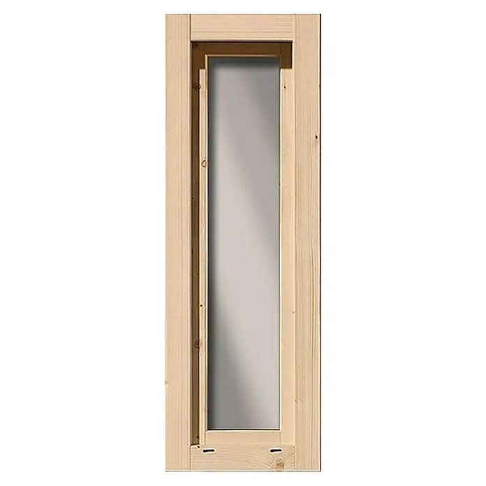 Karibu Gartenhaus Radeburg 5 - Außenmaß inkl. Dachüberstand (B x T): 560 x 422 cm, Holz, Natur - Helles Holzfenster mit schmalem, rechteckigem Glas, ideal für natürliches Licht und moderne Raumgestaltung.