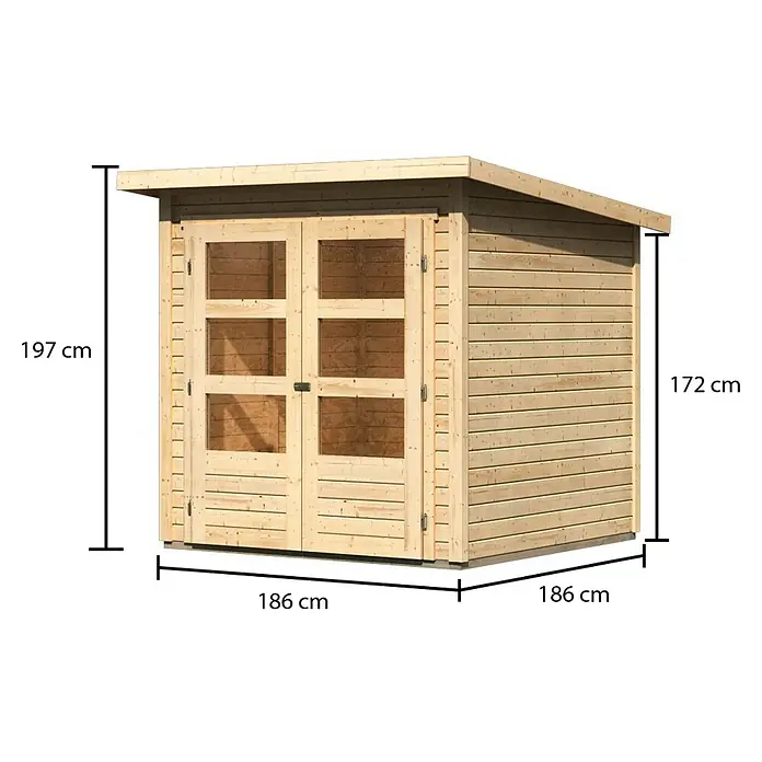 Karibu Gartenhaus Stockach 2 - Außenmaß inkl. Dachüberstand (B x T): 212 x 210 cm, Holz, Natur - Eine detaillierte Ansicht eines Holzgartenschuppens mit Doppeltüren und Fensterpaneelen, mit Maßangaben zu Höhe und Breite.